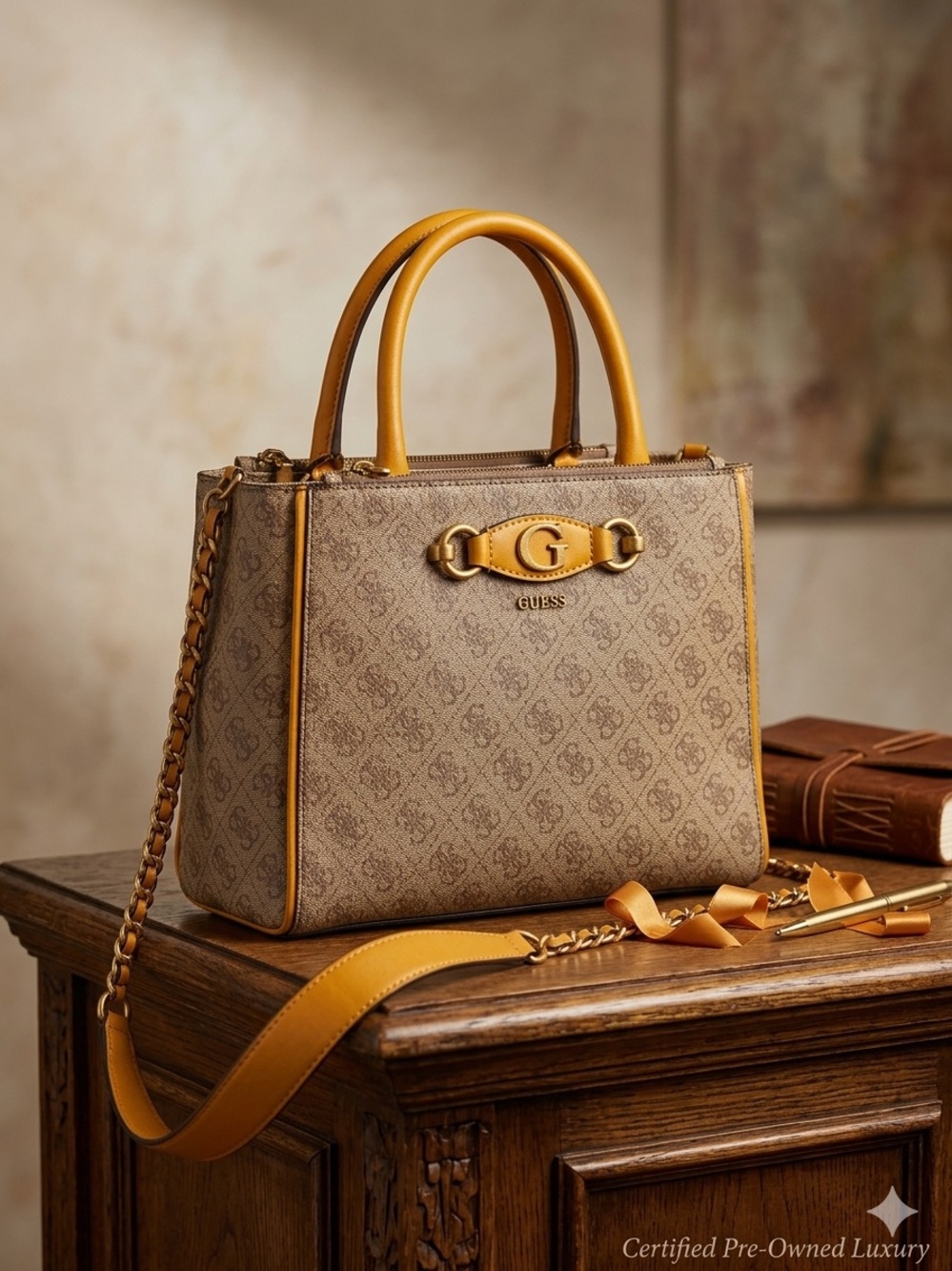 GUESS Tan Logo Satchel with Mustard Accents